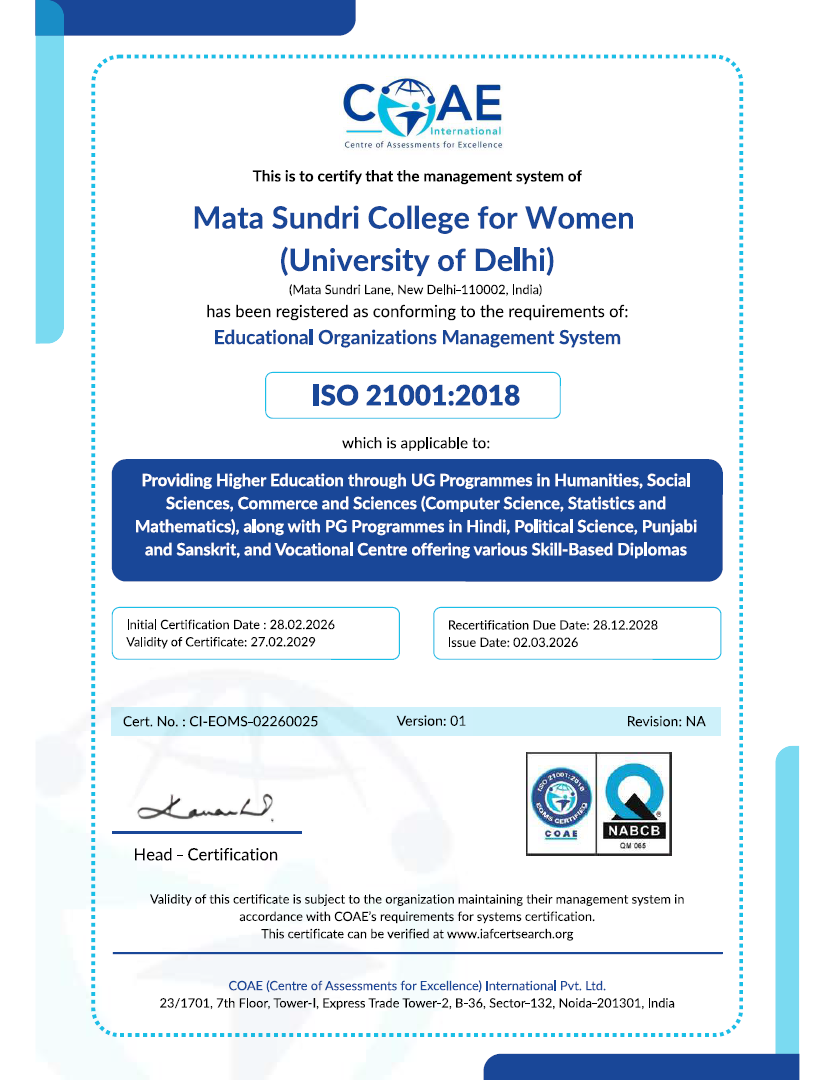 Mata Sundri College for Women Receives ISO 21001:2018 Certification